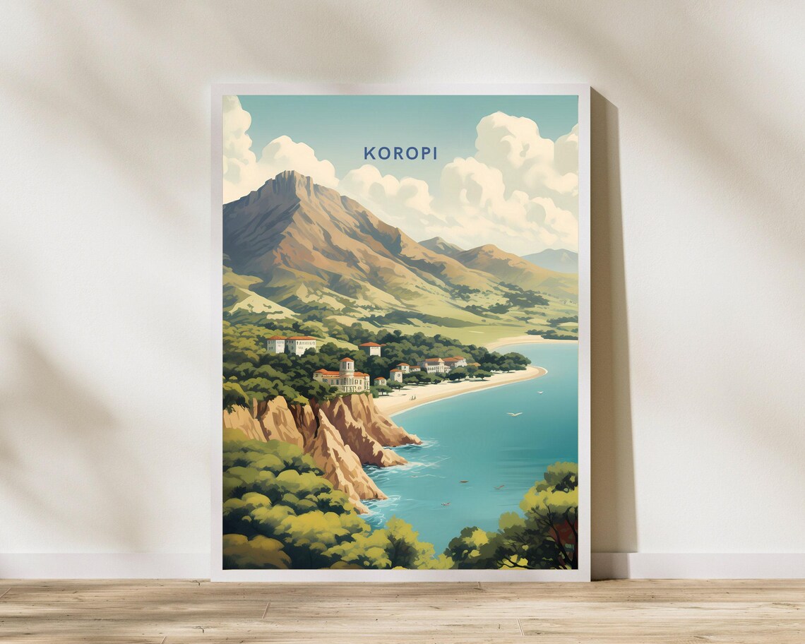 Koropi Greece Mountainous Coastline Bay Vintage Travel Poster