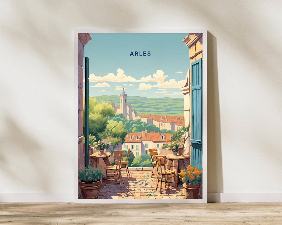 Arles France Sunlit Terrace View Vintage Travel Style Poster