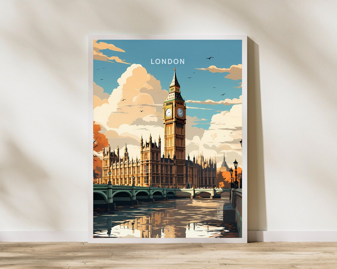 London Houses of Parliament Big Ben Vintage Thames Travel Poster