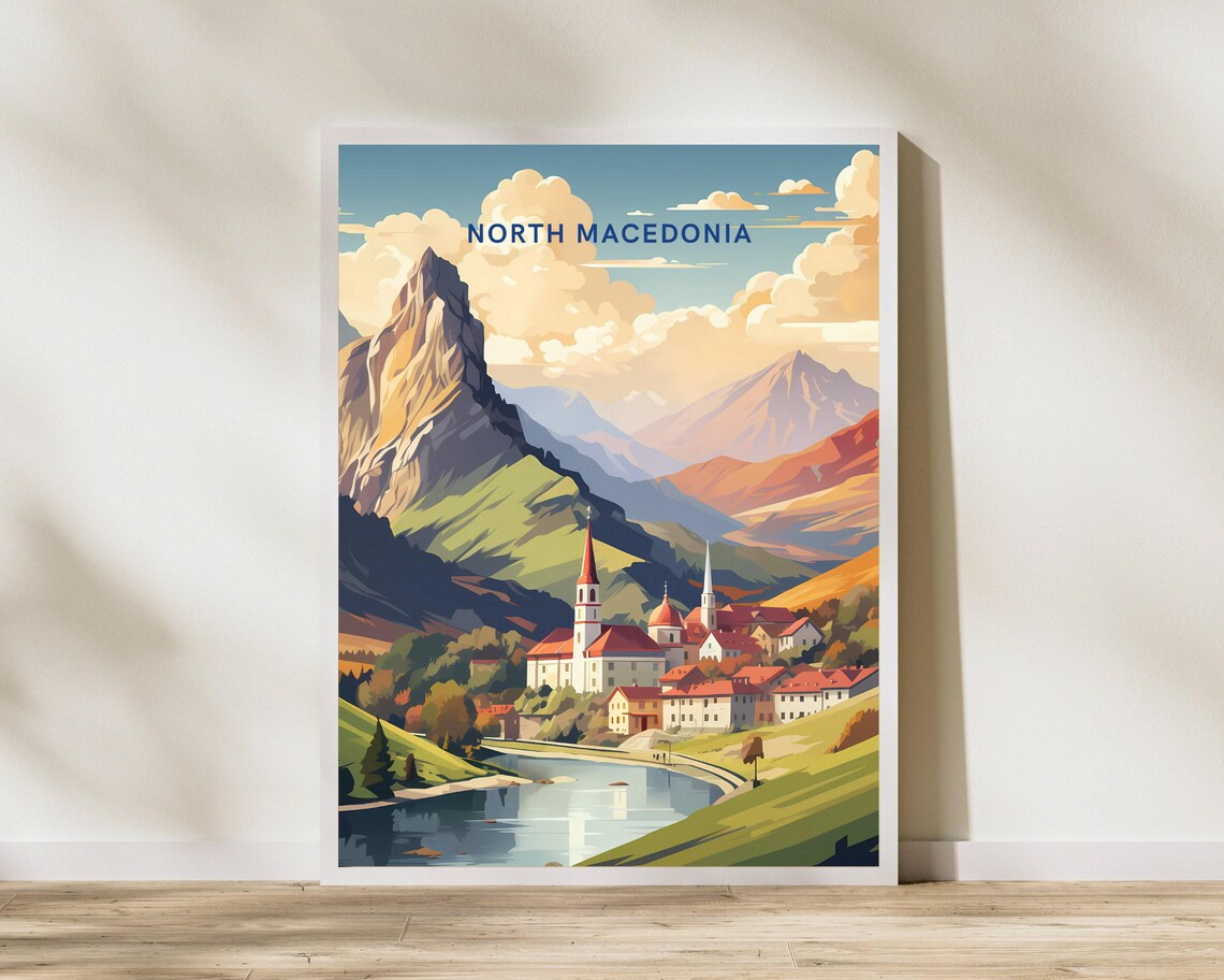 North Macedonia Mountain Village Lake Alpine Valley Travel Poster