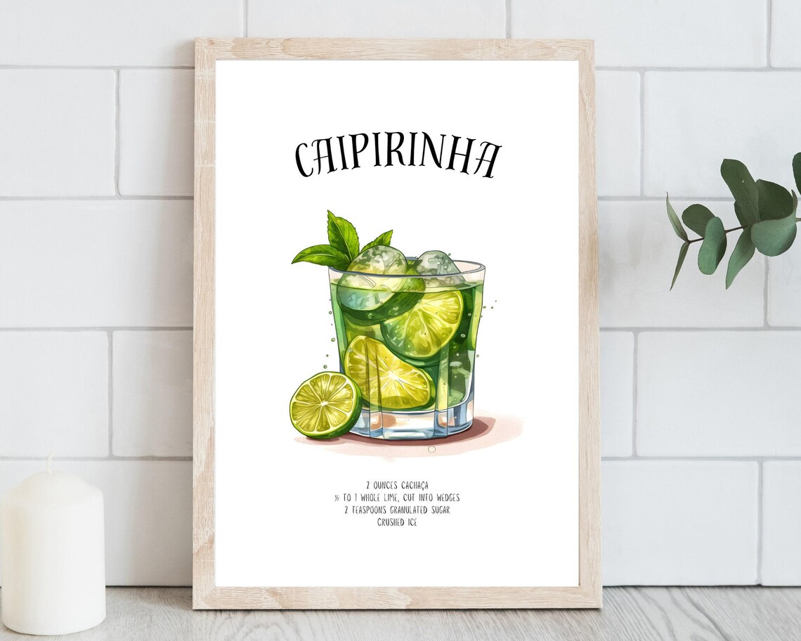 Caipirinha Cocktail Recipe Watercolor Illustration Kitchen Bar Poster