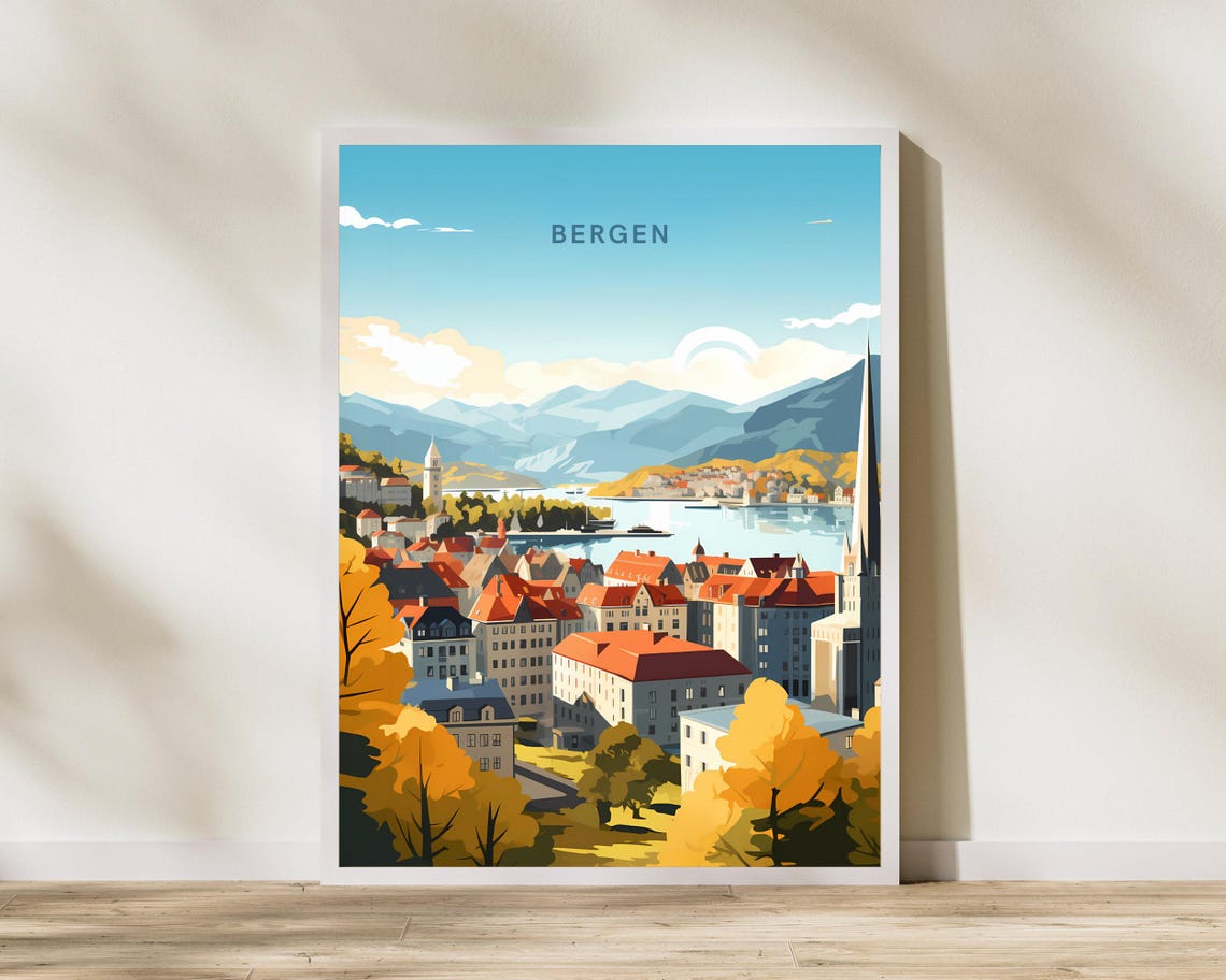 Bergen Norway Autumn Harbor Mountain View Vintage Travel Poster