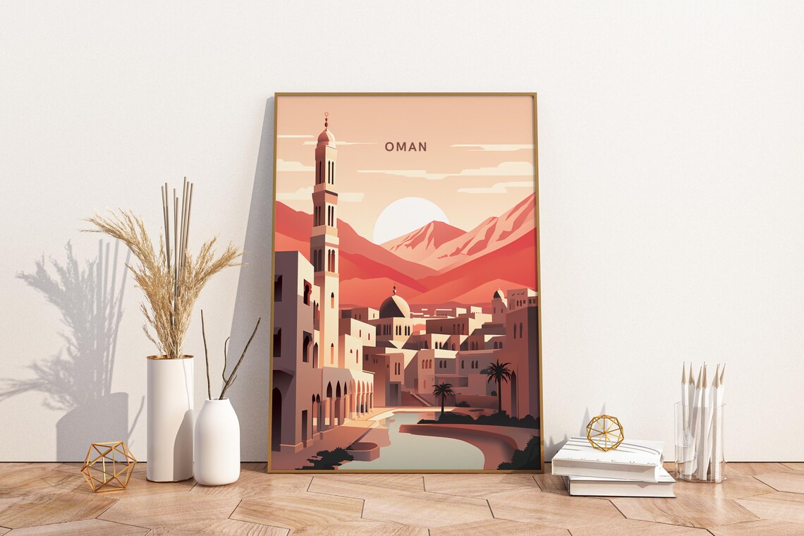 Oman Desert Sunset Mosque and Mountain Cityscape Vintage Travel Poster