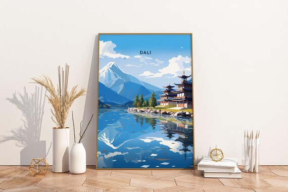 Dali China Travel Poster Snow Mountain Pagoda Lake Reflection Blue Sky Scene