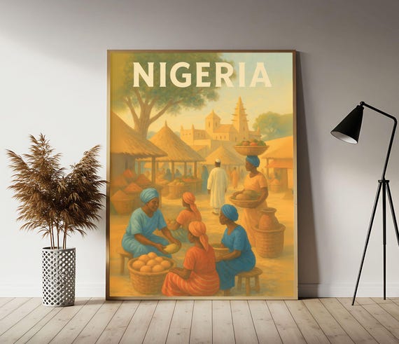 Nigeria Market At Sunrise Travel Poster Nigerian Wall Art Print Vintage Decor
