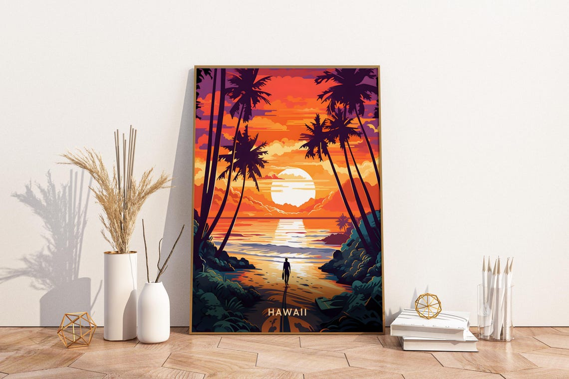 Hawaii Sunset Beach Palm Silhouette Surfer Ocean Waves Poster