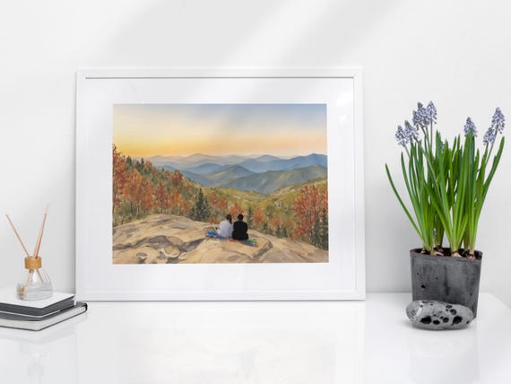 Couple Watching Sunset Mountain Overlook Romantic Watercolor Poster