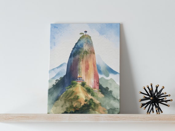 Rock Of Guatape Watercolor Art Canvas Colombia Travel Medellin Prints South America Poster Gifts Wall El Penon