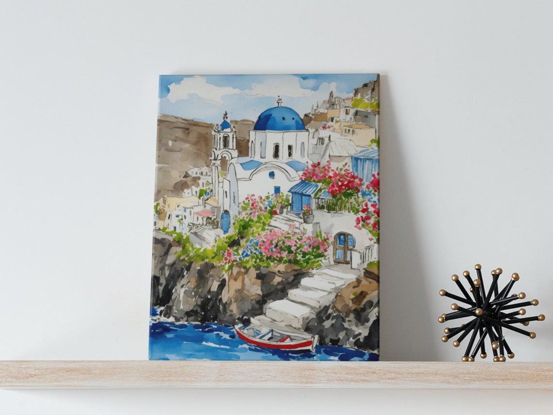 Santorini Greece Blue Domed Church Bougainvillea Watercolor Poster