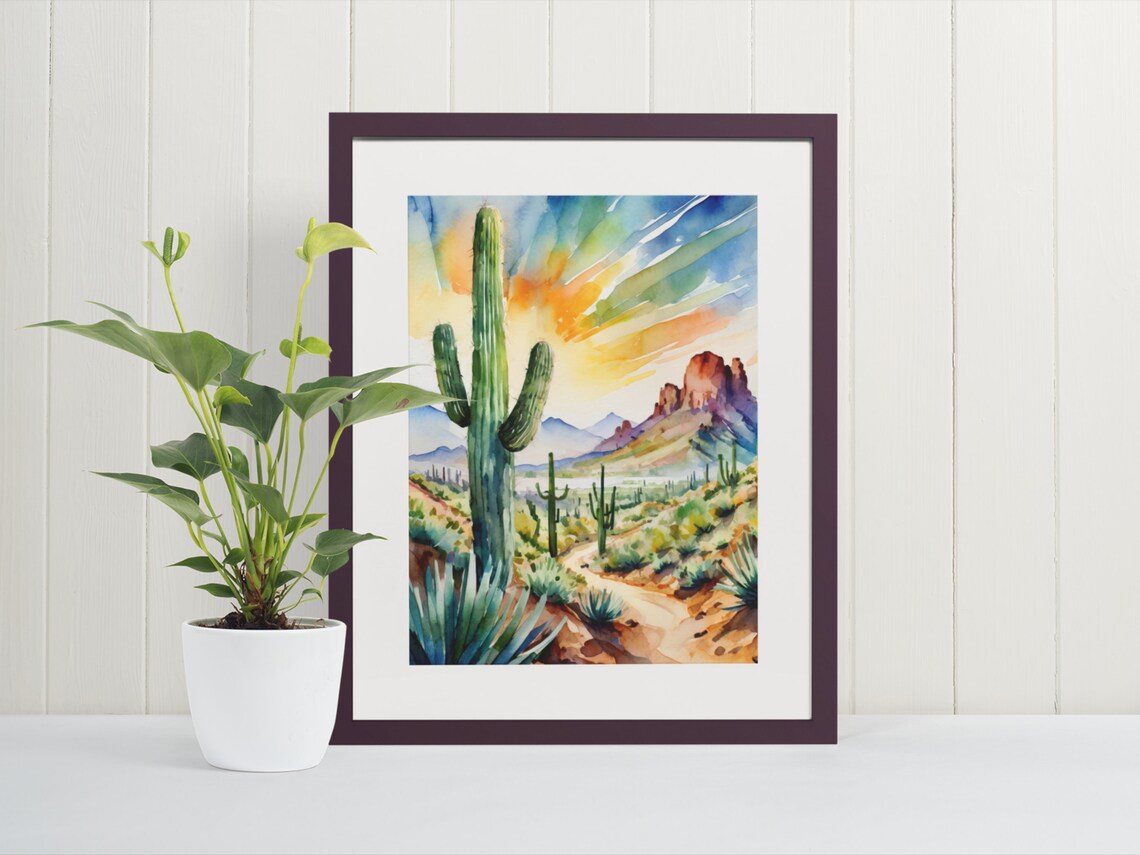 Saguaro Cactus Desert Sunrise Watercolor Southwestern Landscape Print