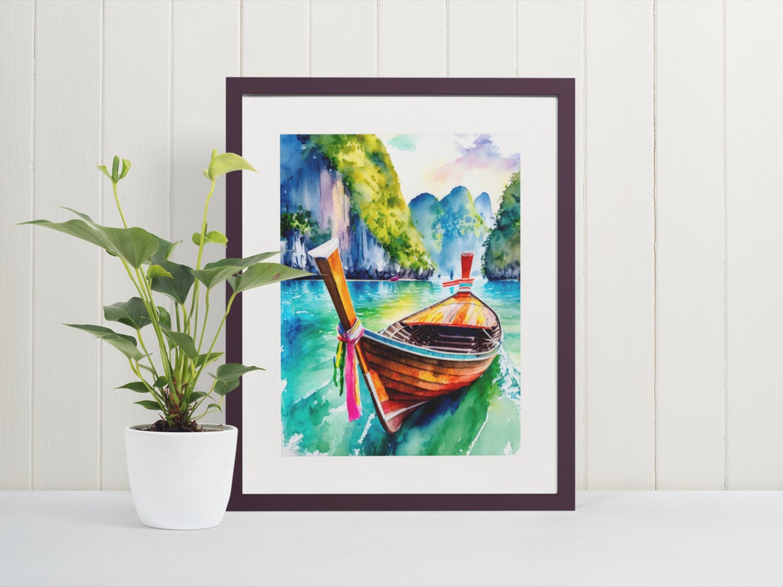 Phi Phi Island Thailand Longtail Boat Watercolor Travel Art Print