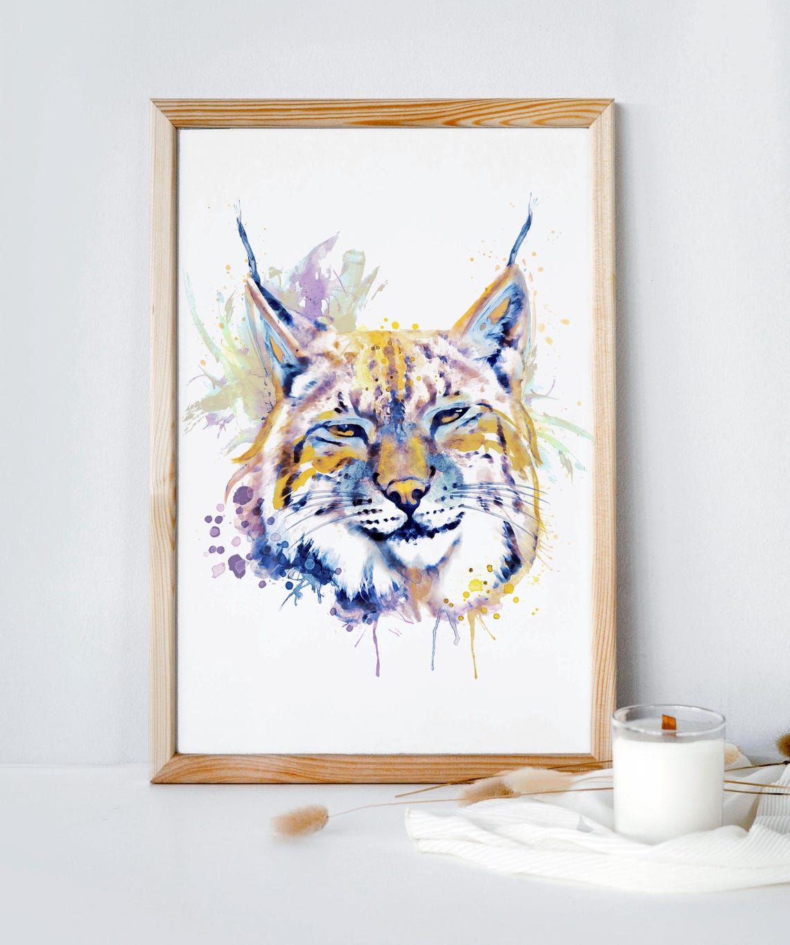 Bobcat Watercolor Portrait With Paint Splatter Art Poster On White