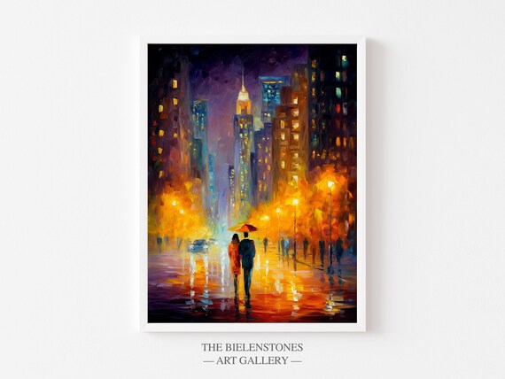 New York City Night Rain Couple With Umbrella Street Lights Poster