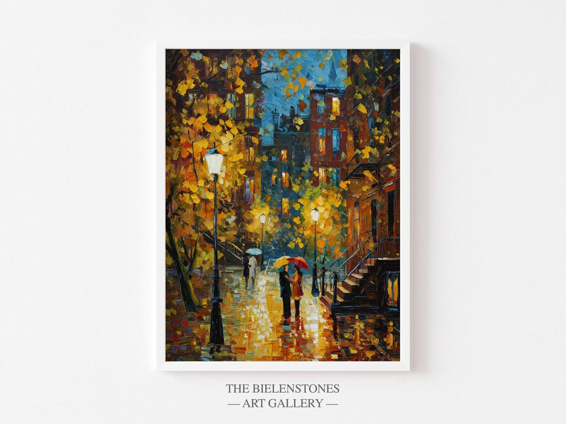 Brooklyn Heights Rainy Night Red Umbrella Couple Street Art Poster