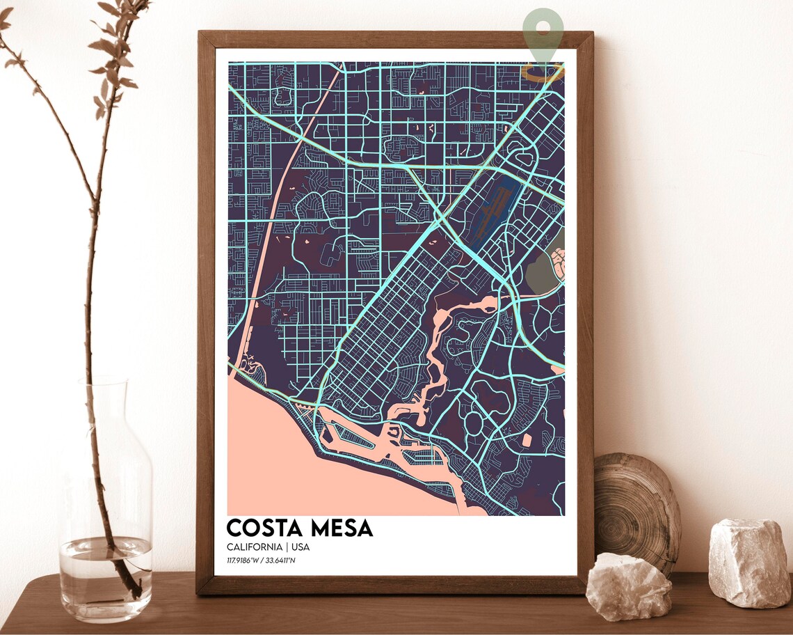 Costa Mesa California Neon Purple Modern City Map Art Poster