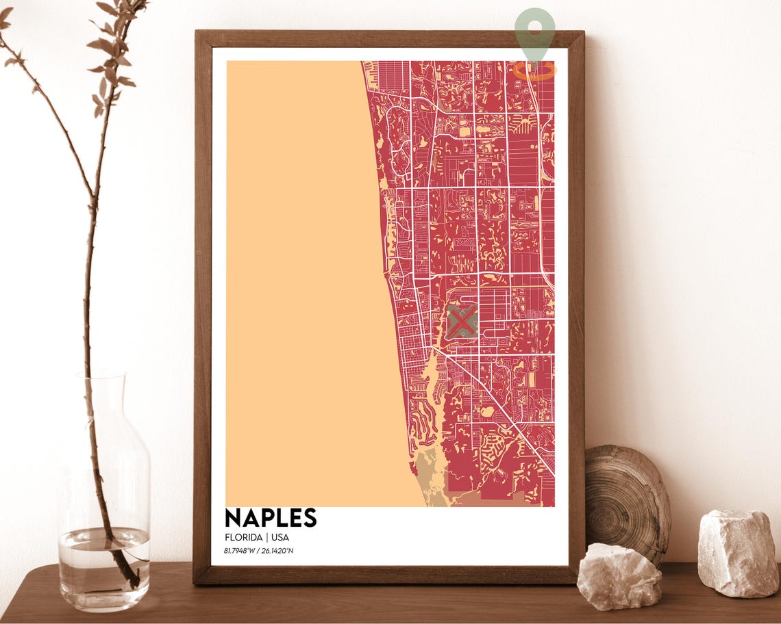 Naples Florida Striking Cream Teal Coastal City Map Art Poster - Image 3