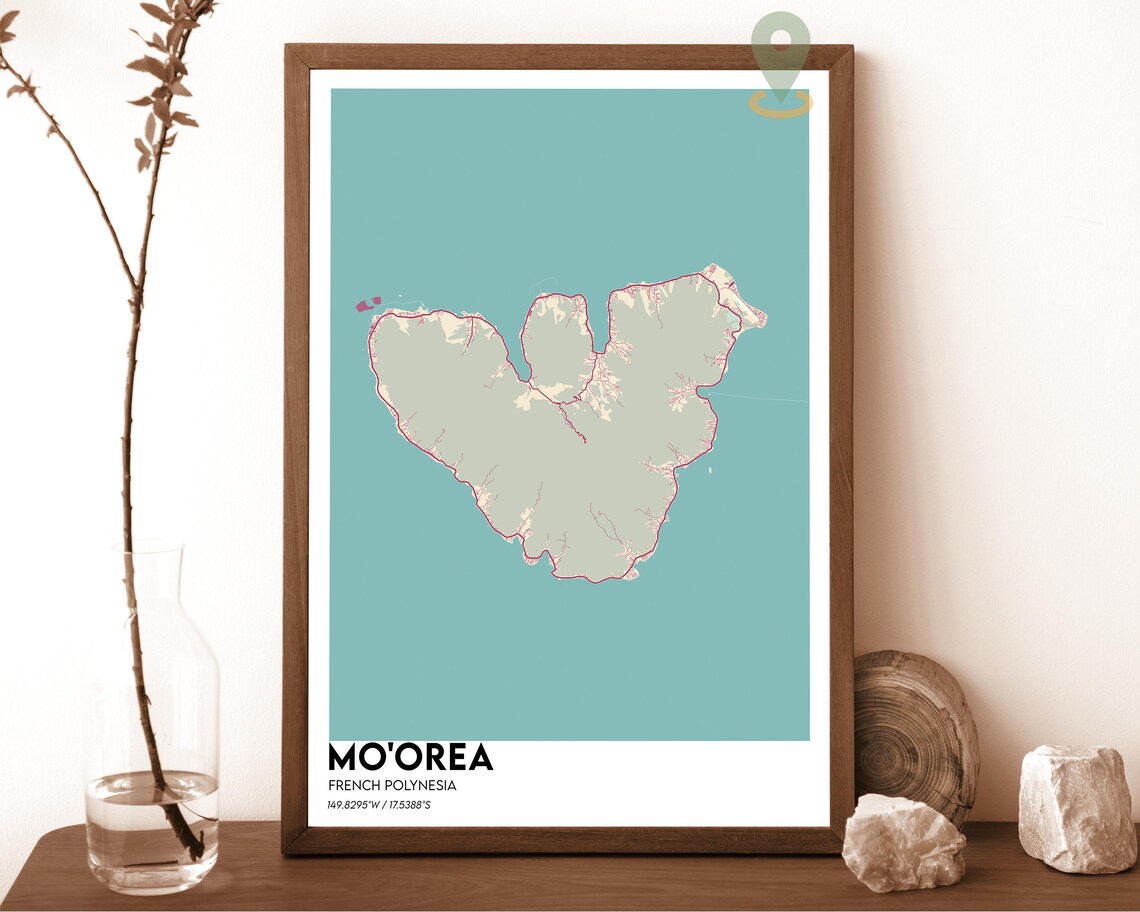 Mo'orea French Polynesia Tropical Island Map Art Poster Yellow Green - Image 4