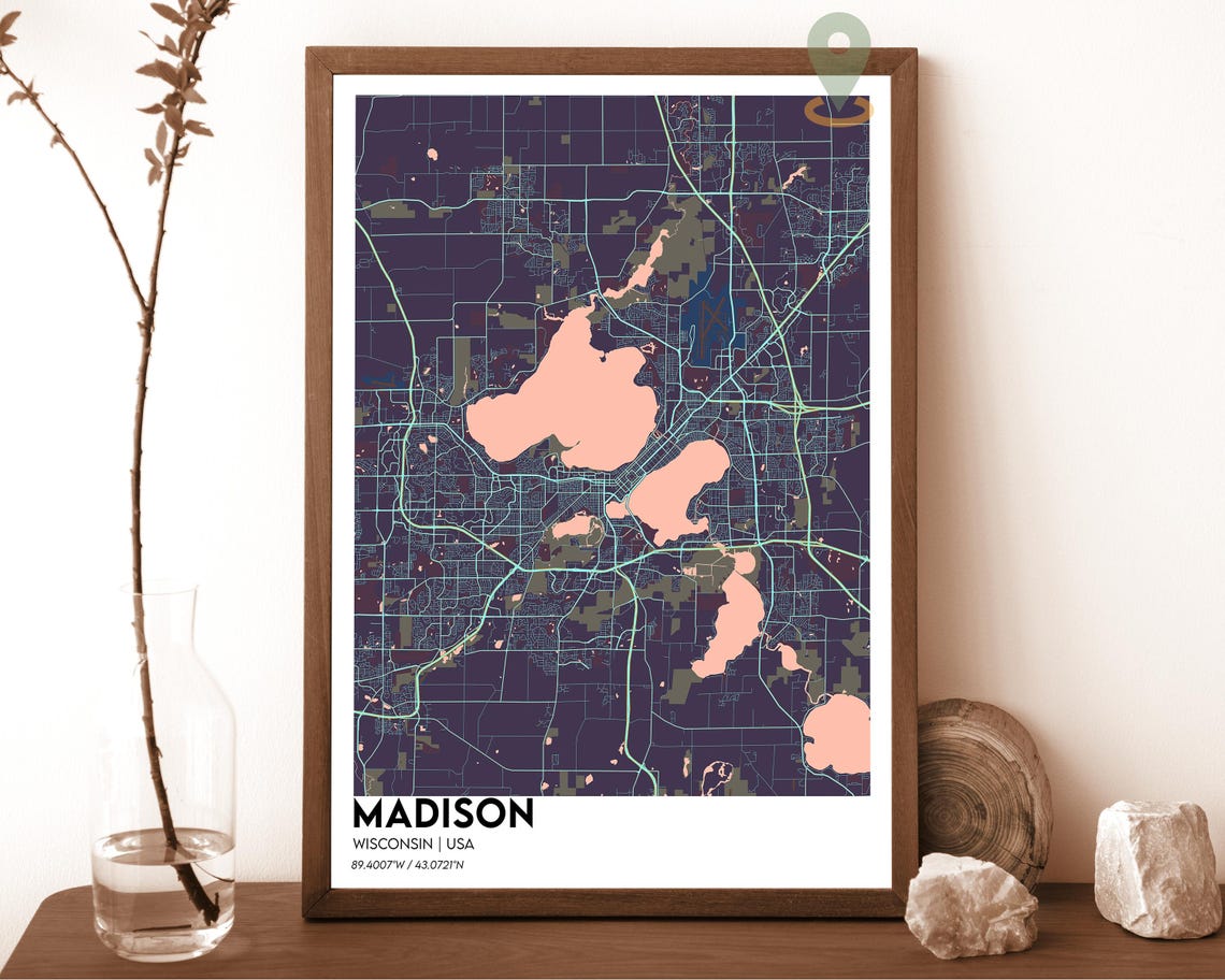 Madison Wisconsin Plum Pink Lakes Modern City Map Art Poster