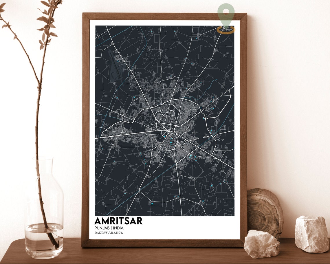 Amritsar Punjab India Modern Dark Style City Street Map Poster - Image 6