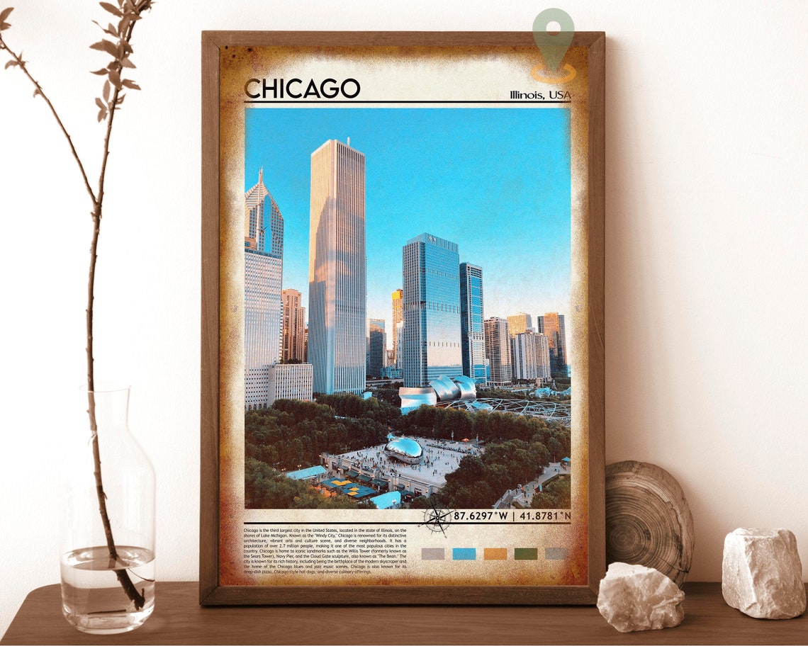 Chicago Illinois Skyline with Cloud Gate Bean Sculpture Travel Poster - Image 6