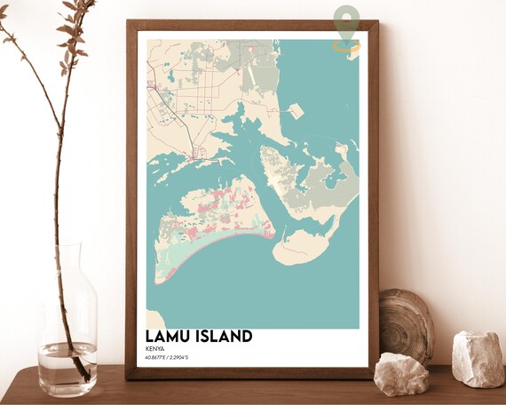 Lamu Island Kenya Swahili Coast Teal Ocean Island Map Poster