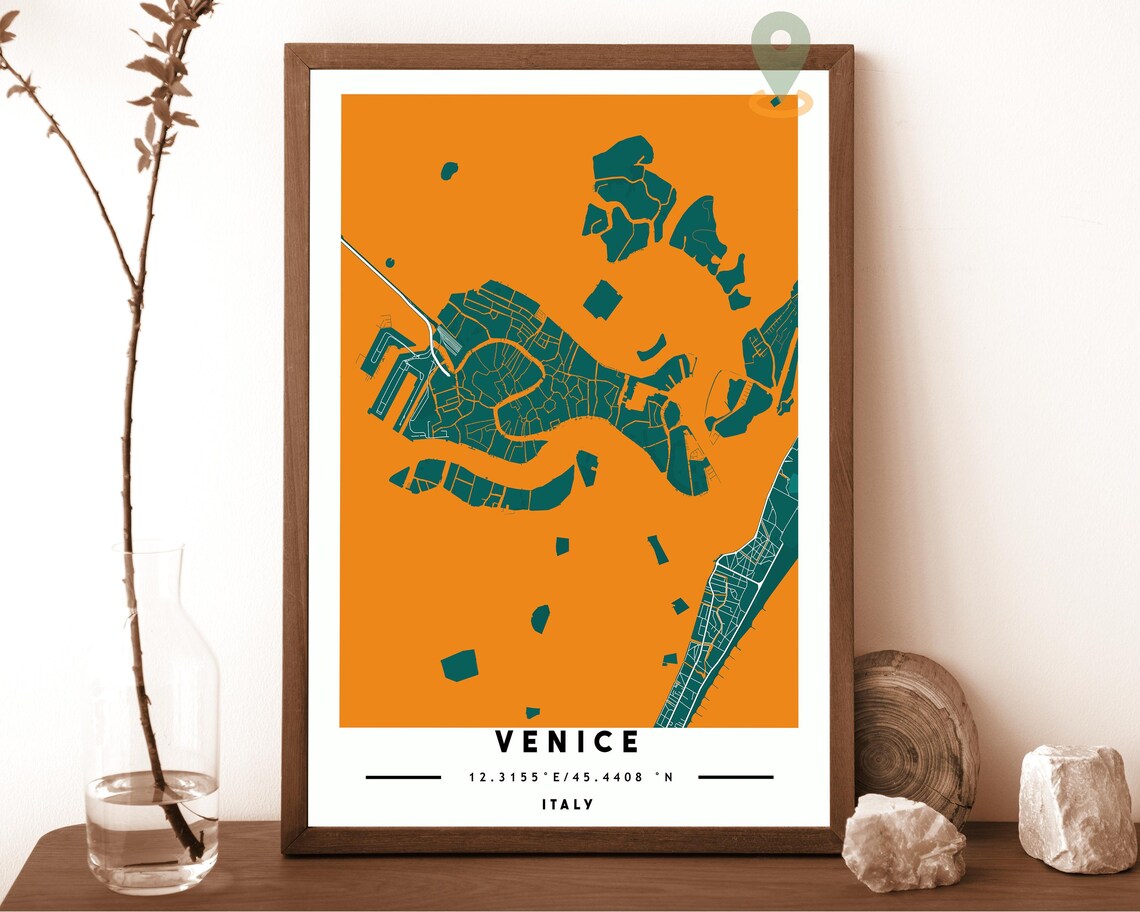 Venice Italy turquoise with black lagoon islands Street Map Coordinates Poster - Image 2