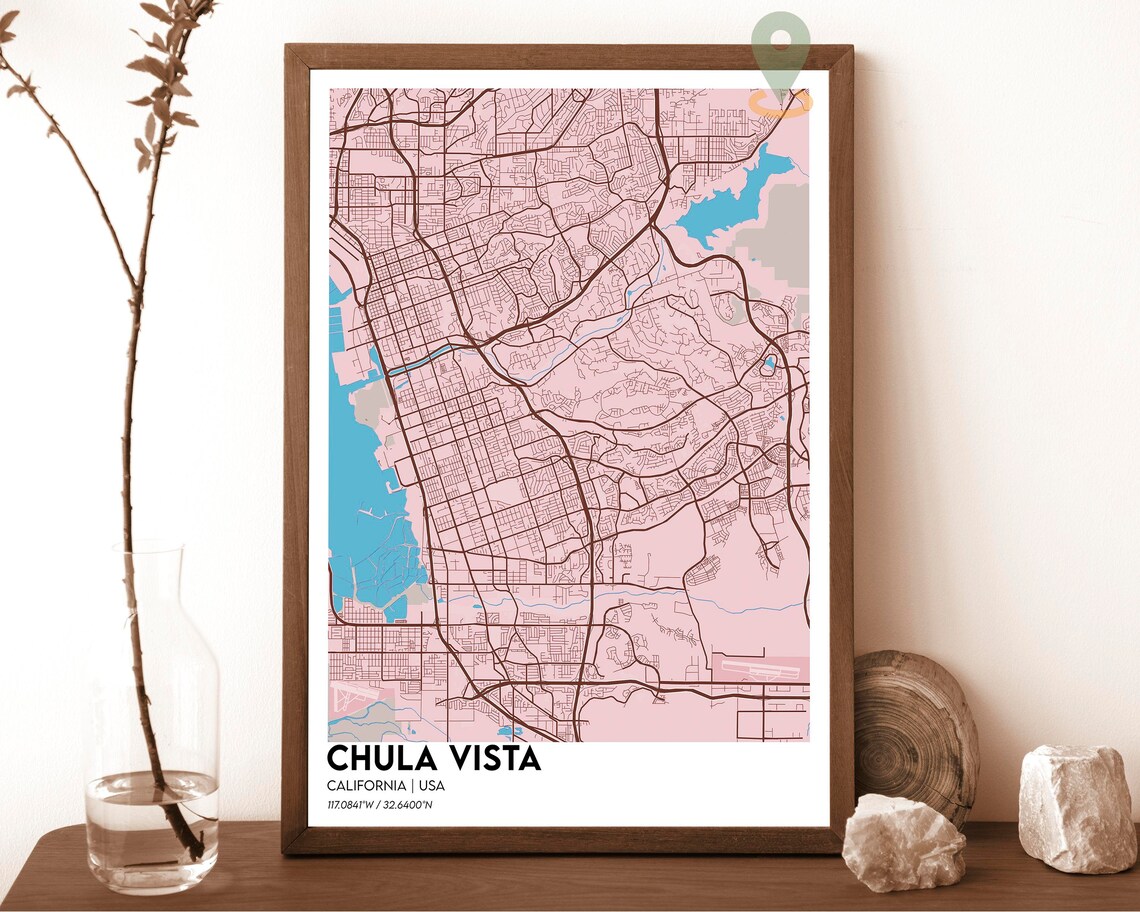 Chula Vista California Neon Pink Street Map Dark Navy Coastal Art Print - Image 2