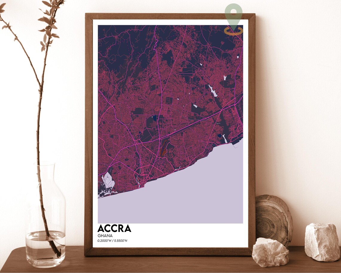 Accra Ghana Vibrant Dark City Map Bright Cyan Coast Art Poster - Image 2