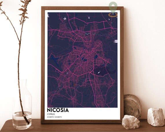 Nicosia Cyprus Neon Pink Street Map Modern City Travel Decor Poster