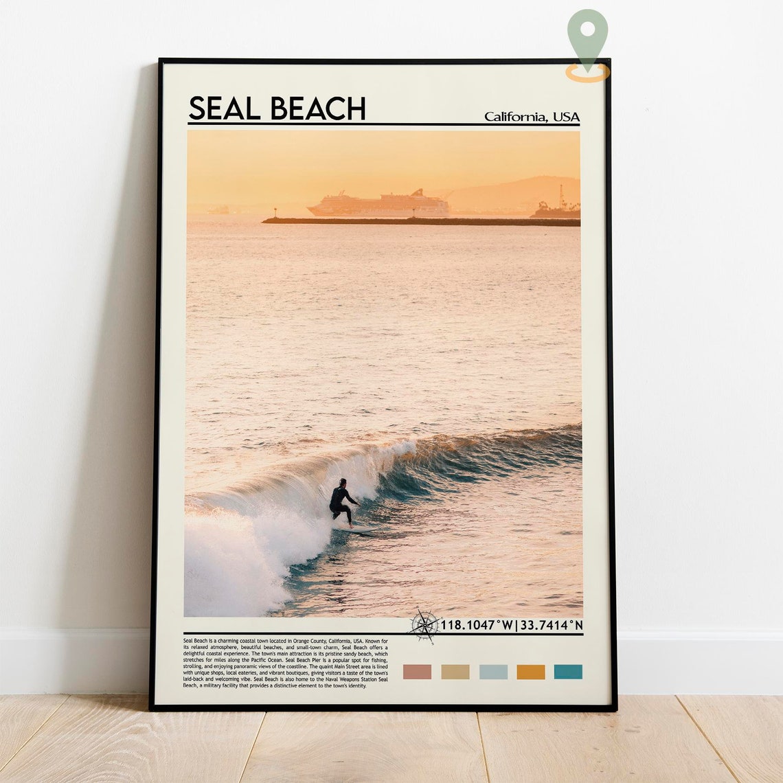 Seal Beach California Surfer Riding Golden Sunset Wave Poster - Image 4