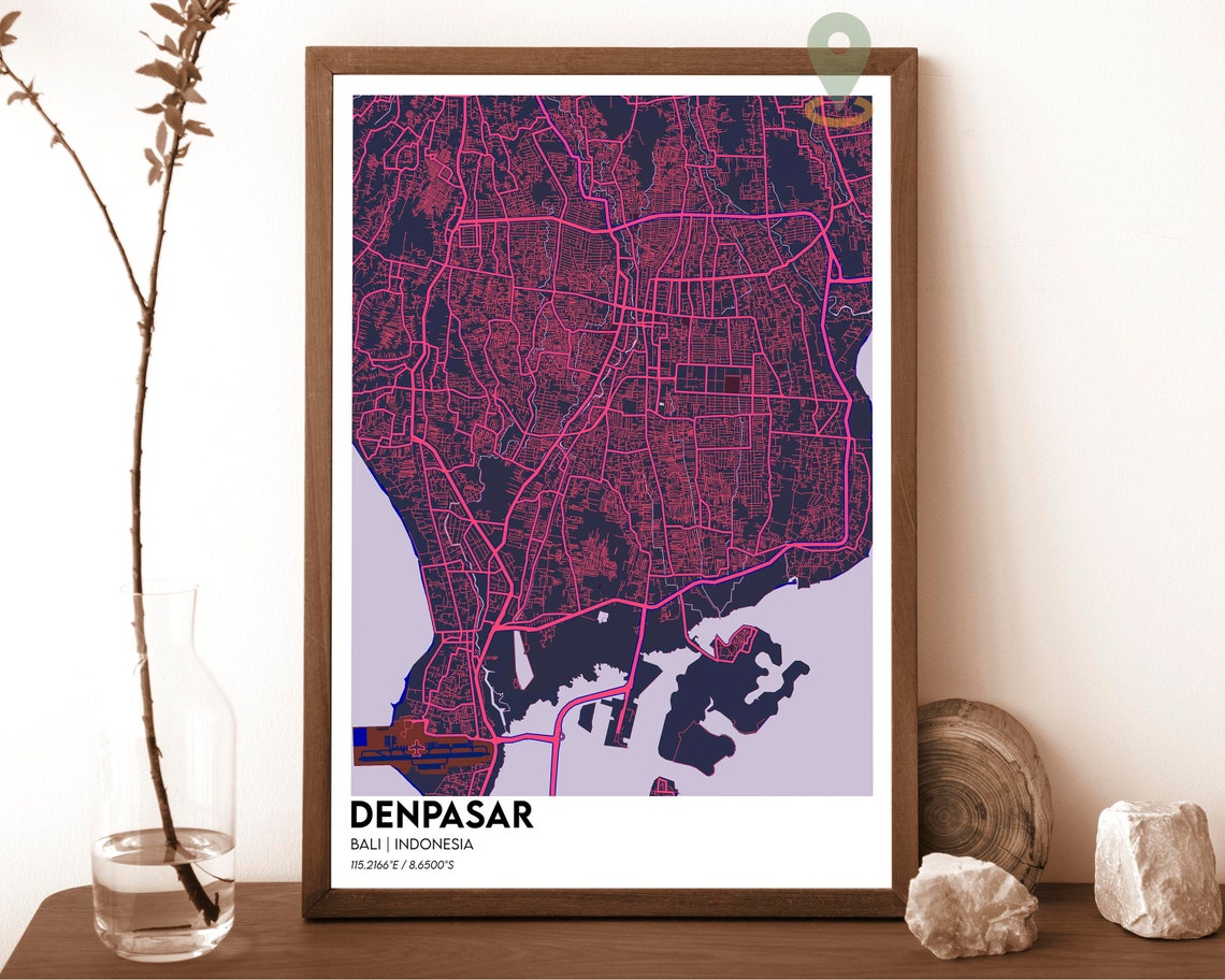 Denpasar Bali Indonesia Navy Yellow Coastal City Map Art Poster - Image 2