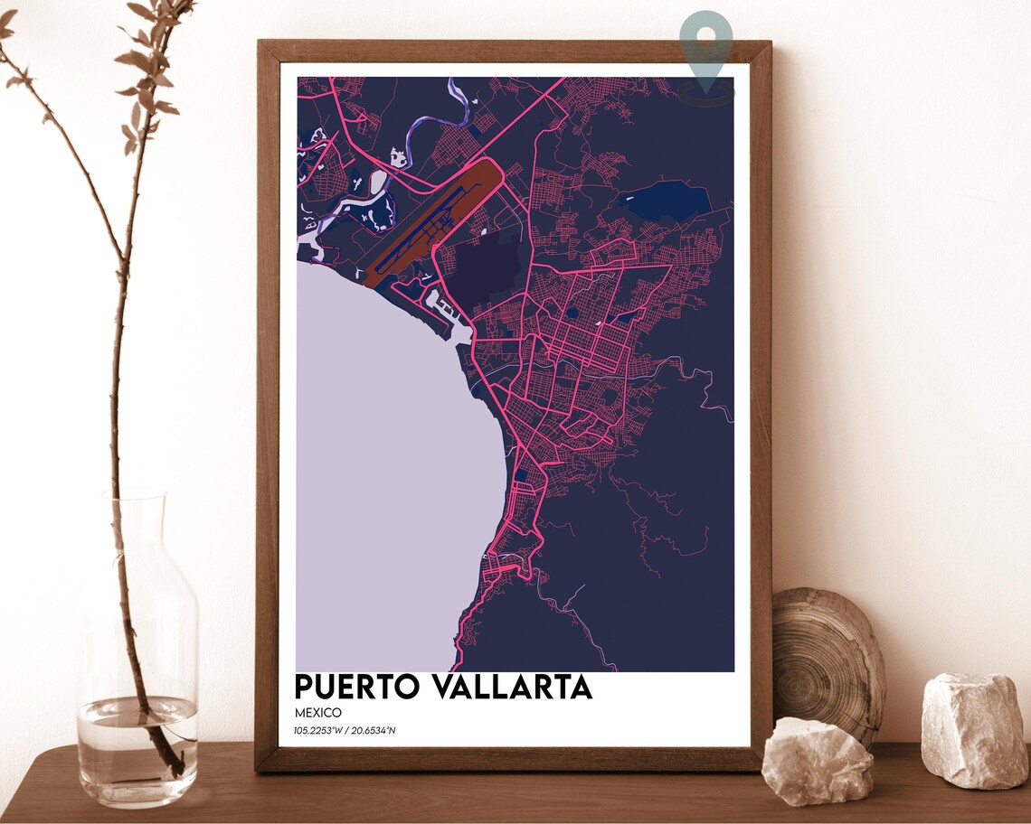 Puerto Vallarta Mexico Dark Cyan Coastal City Map Home Decor Poster Art - Image 2