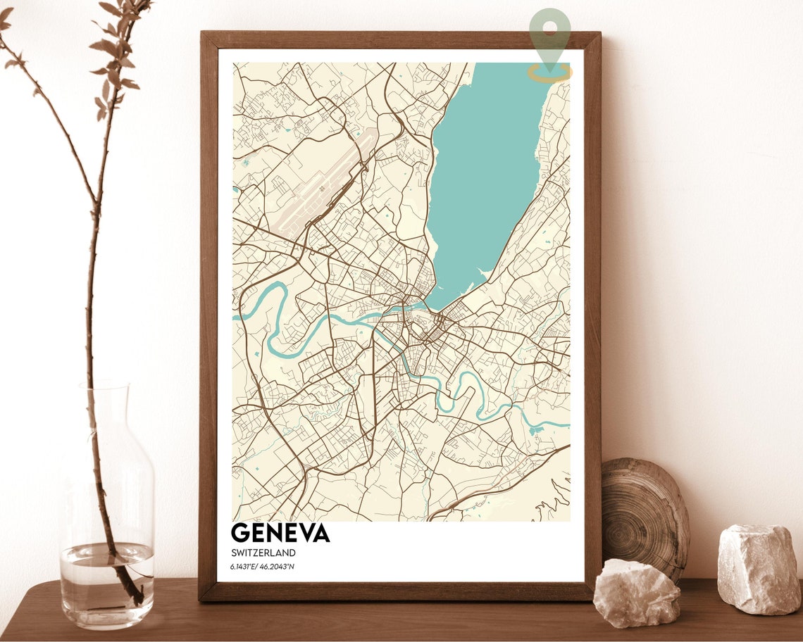 Geneva Switzerland Teal Peach Modern City Map Home Decor Poster - Image 4