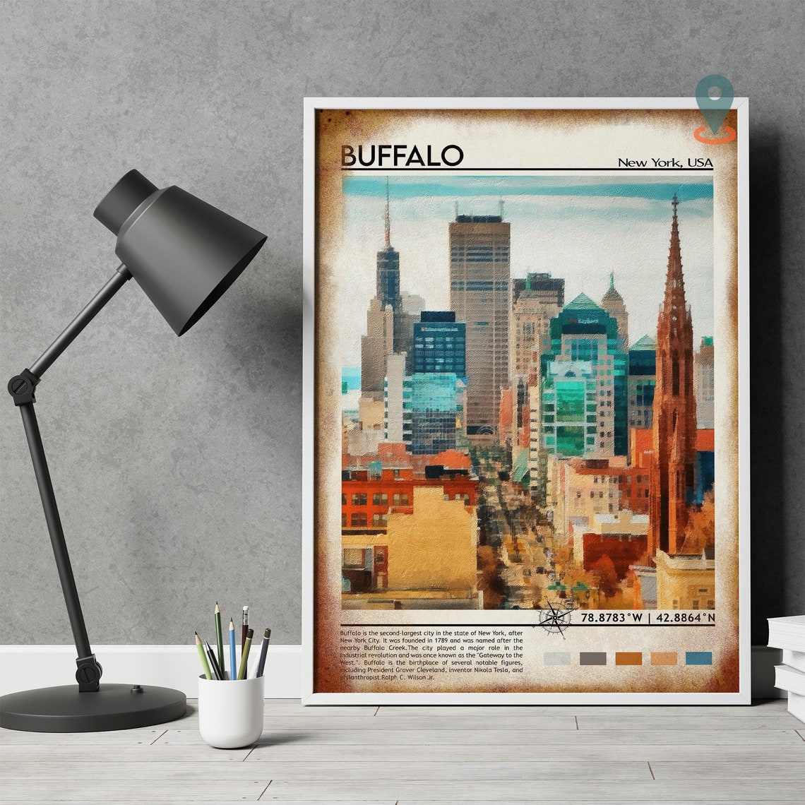 Buffalo New York Downtown Skyline Watercolor Style Travel Poster - Image 4