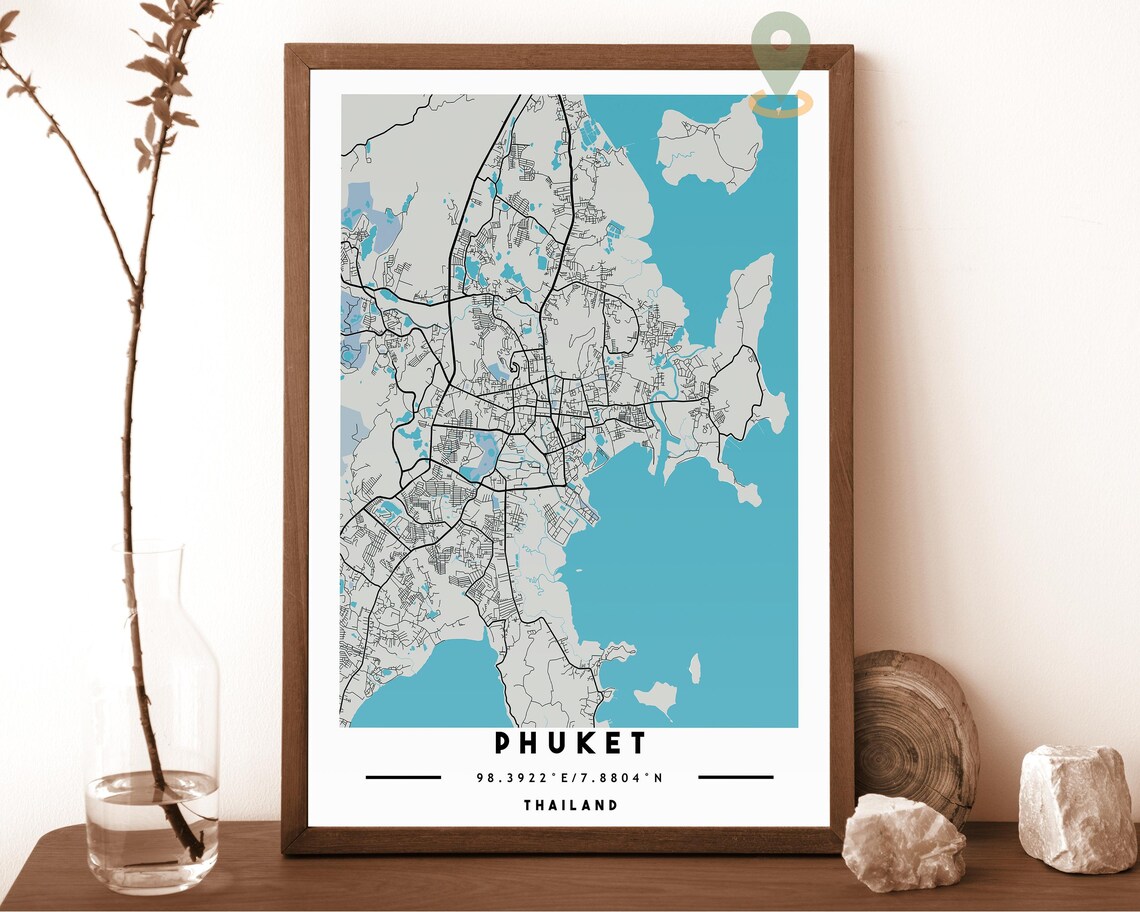 Phuket Thailand Navy Gold Island Street Map Modern Bold Wall Art - Image 2