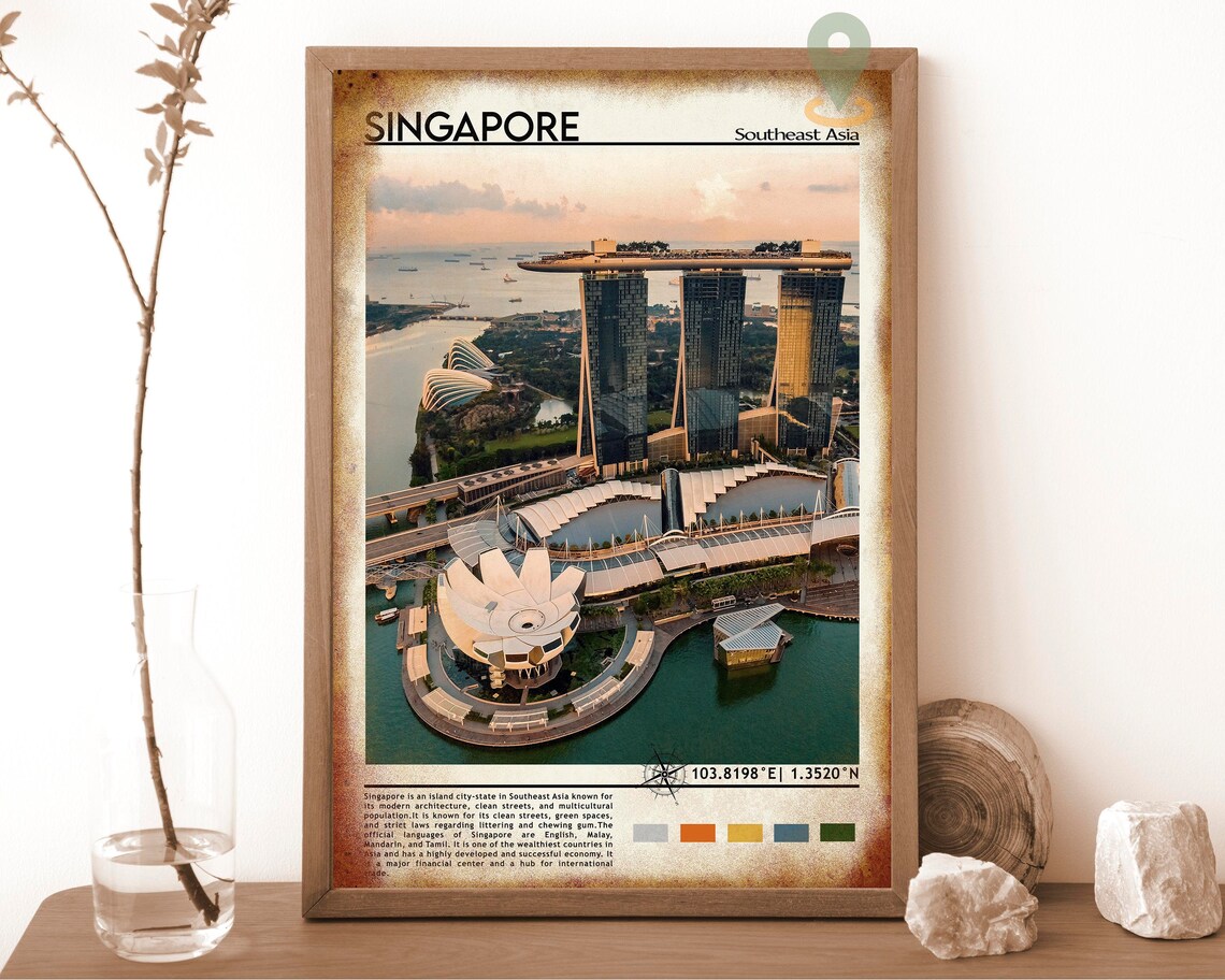 Singapore Marina Bay Sands Aerial Sunset Southeast Asia Travel Poster - Image 6