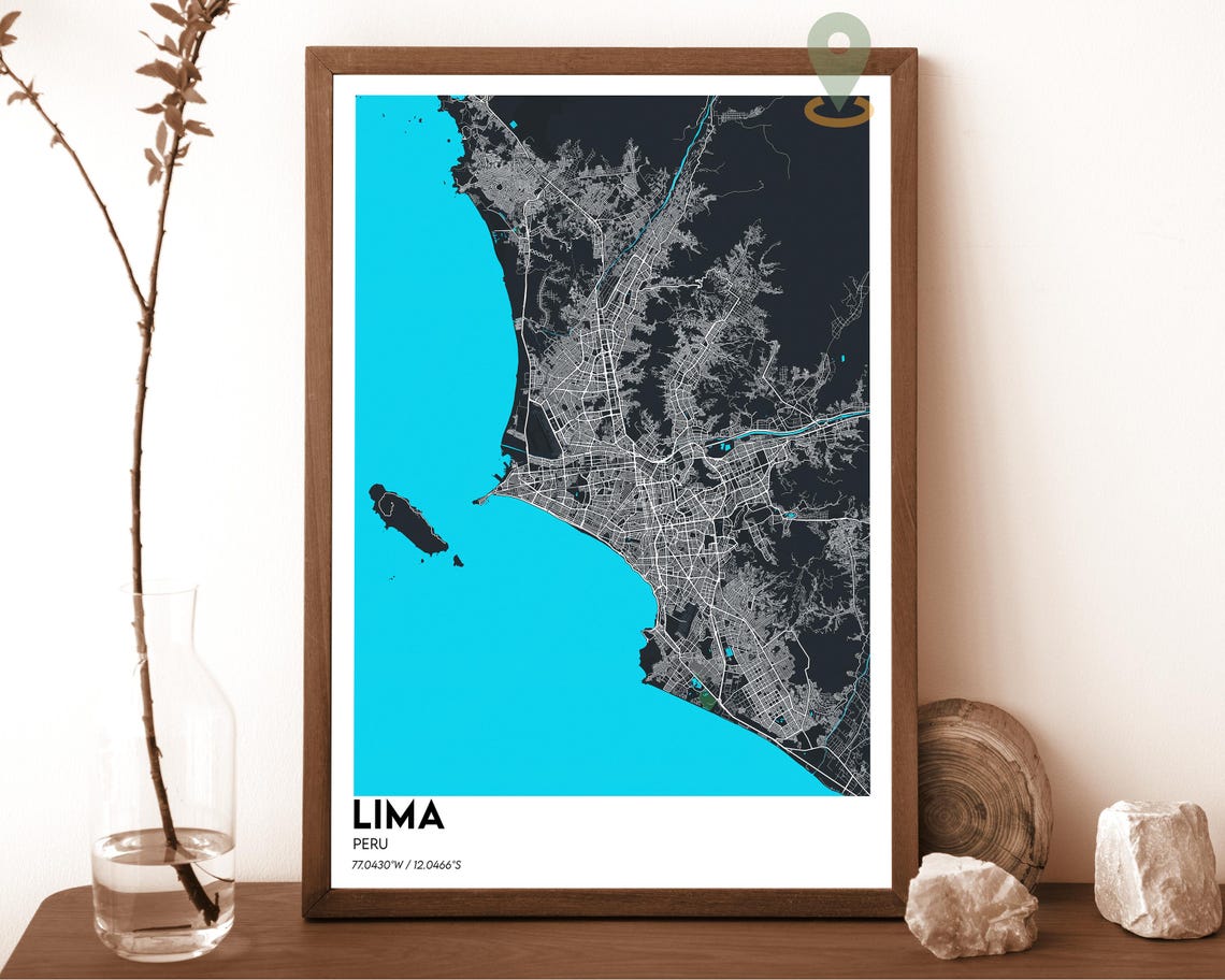 Lima Peru Dark Blue Oceanfront Modern Minimalist City Map Wall Art