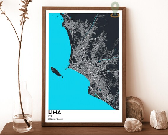 Lima Peru Dark Blue Oceanfront Modern Minimalist City Map Wall Art