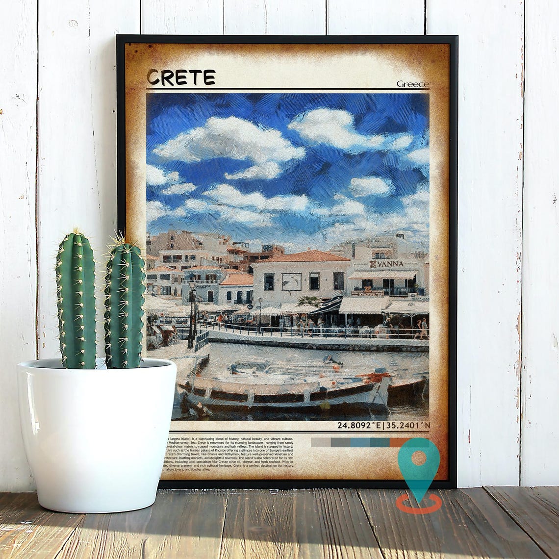 Crete Greece Mediterranean Island Harbor Painted Travel Poster - Image 2