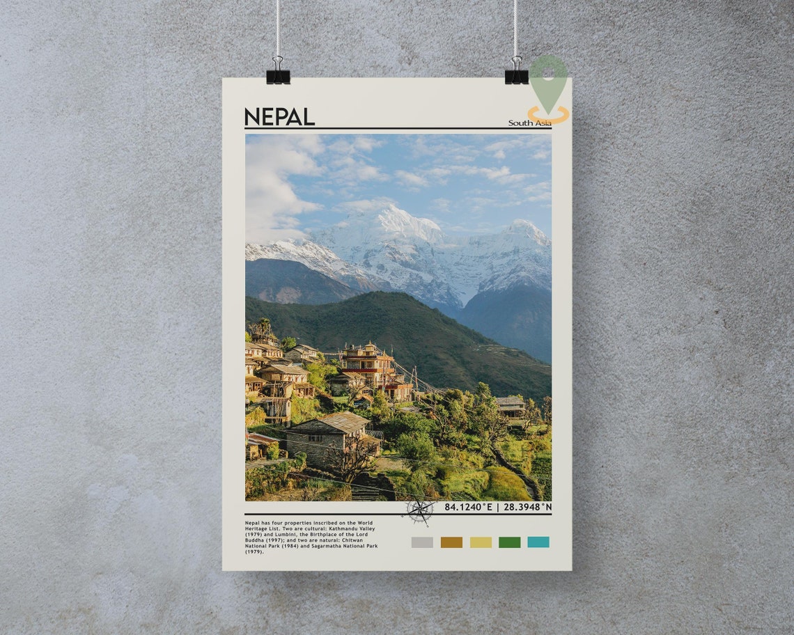 Nepal South Asia Snowy Himalayan Peak Terraced Village View Poster - Image 5