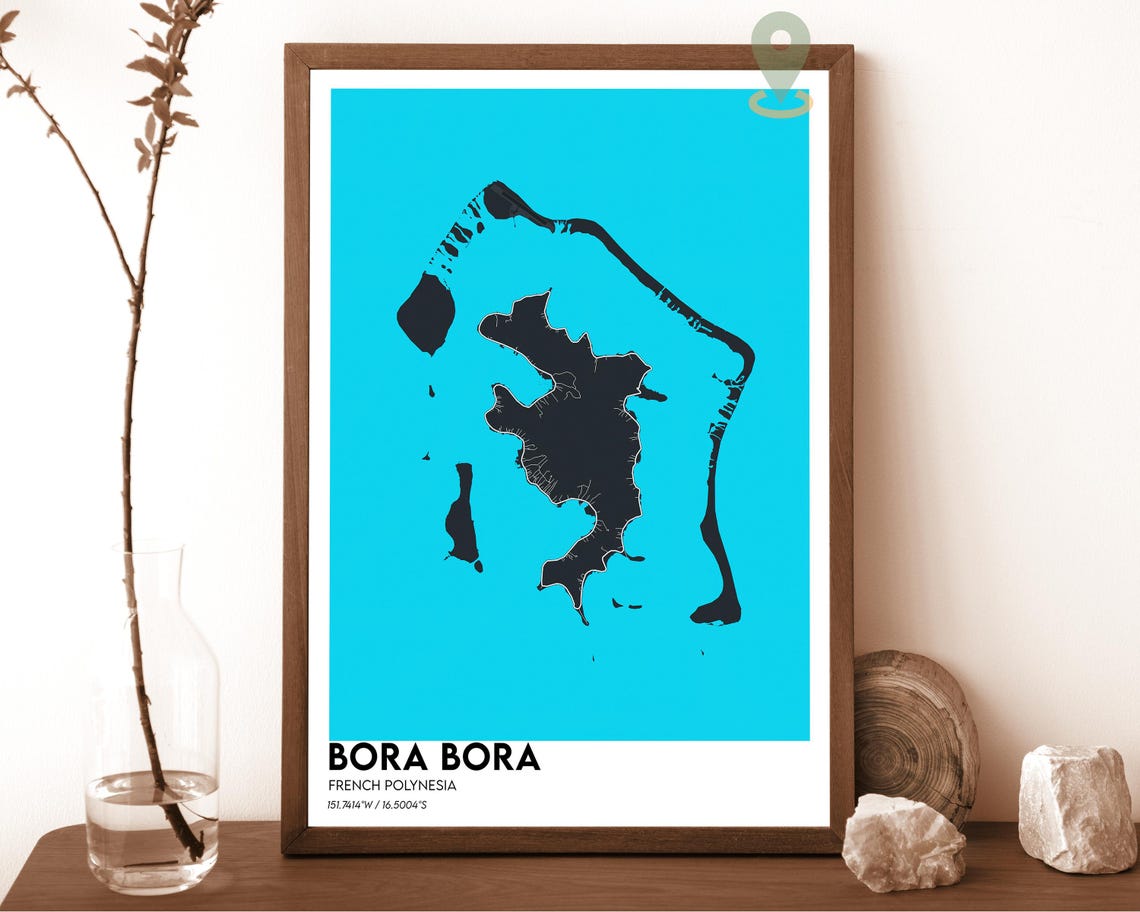 Bora Bora French Polynesia Bold Turquoise Island Map Art Poster