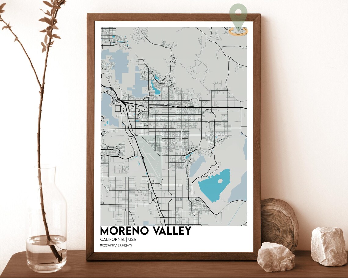Moreno Valley California cream beige with brown streets Street Map Coordinates Poster - Image 2