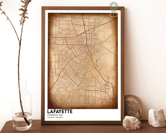Lafayette Louisiana Vintage Sepia Old Street Map Style Poster