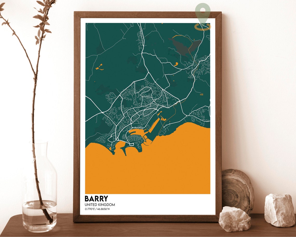 Barry United Kingdom Bold Navy Gold Coastal Street Map Poster - Image 3