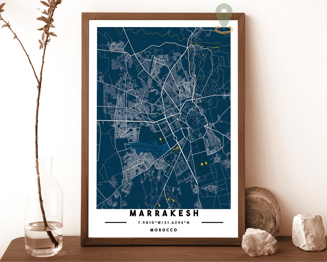 Marrakesh Morocco City Street Map Modern Navy Art Print for Moroccan Style Decor