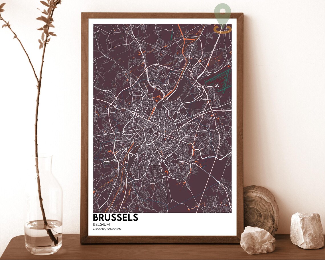 Brussels Belgium Dark Night City Map Cyan Canals Decor Poster - Image 4