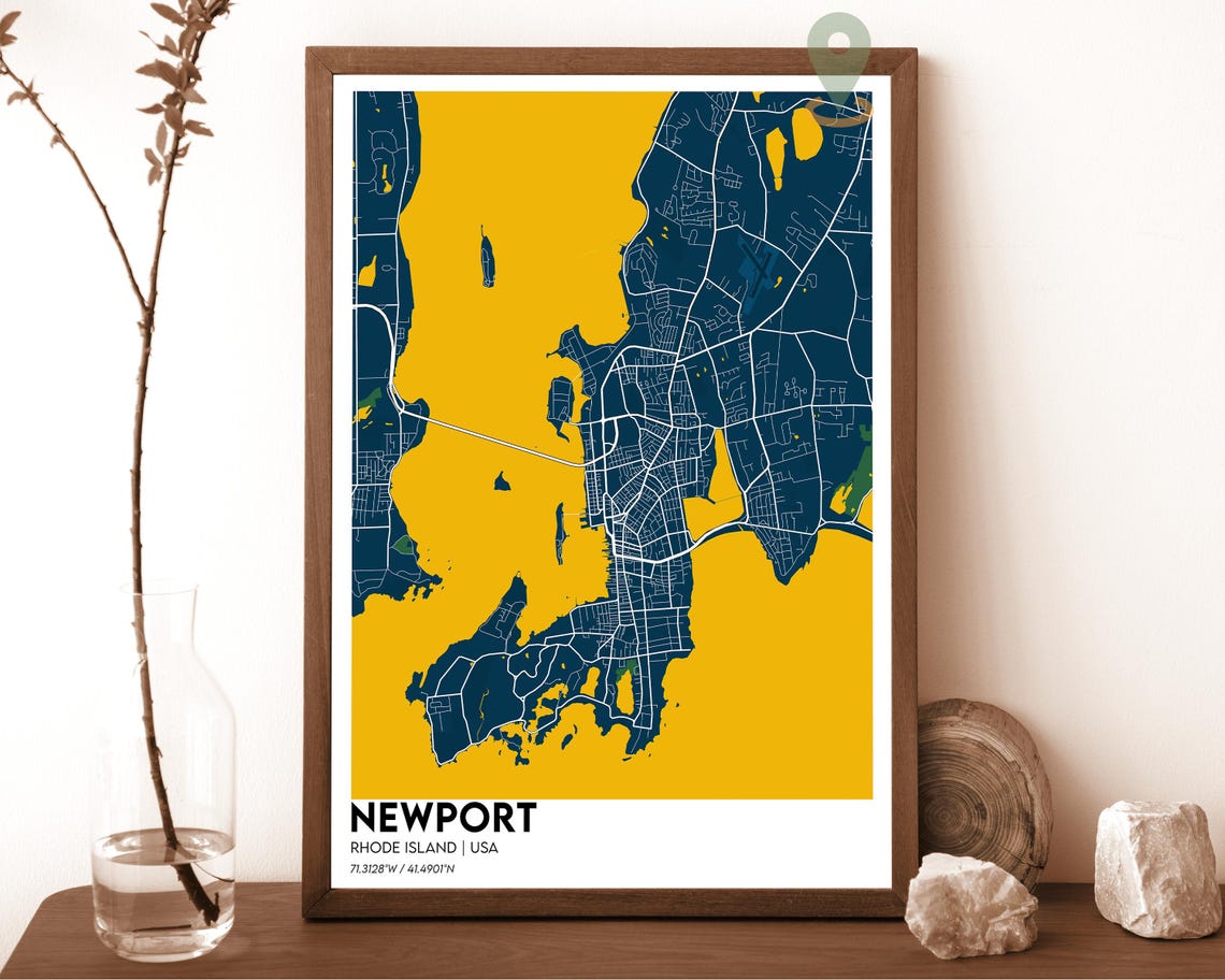 Newport Rhode Island USA Navy Gold Coastal Harbor Map Poster