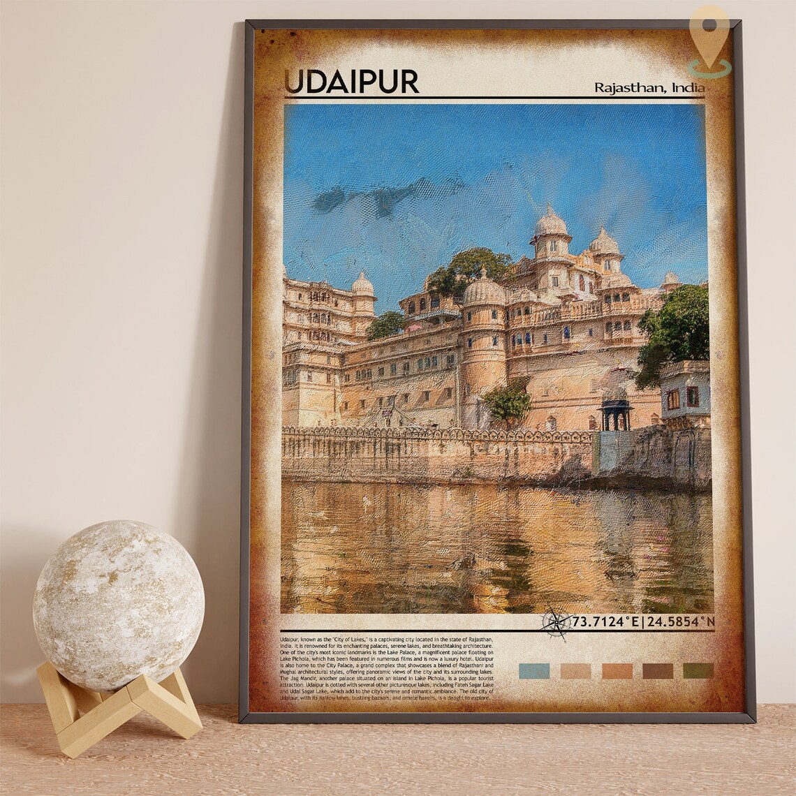 Udaipur India Lake Pichola City Palace Painting Travel Poster - Image 3