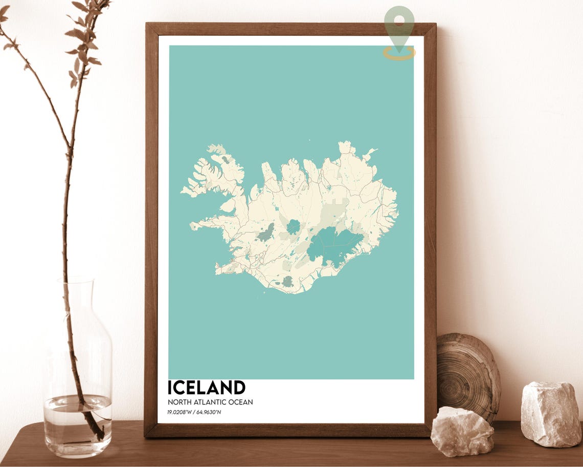 Iceland North Atlantic Ocean White Teal Modern Map Art Poster - Image 3