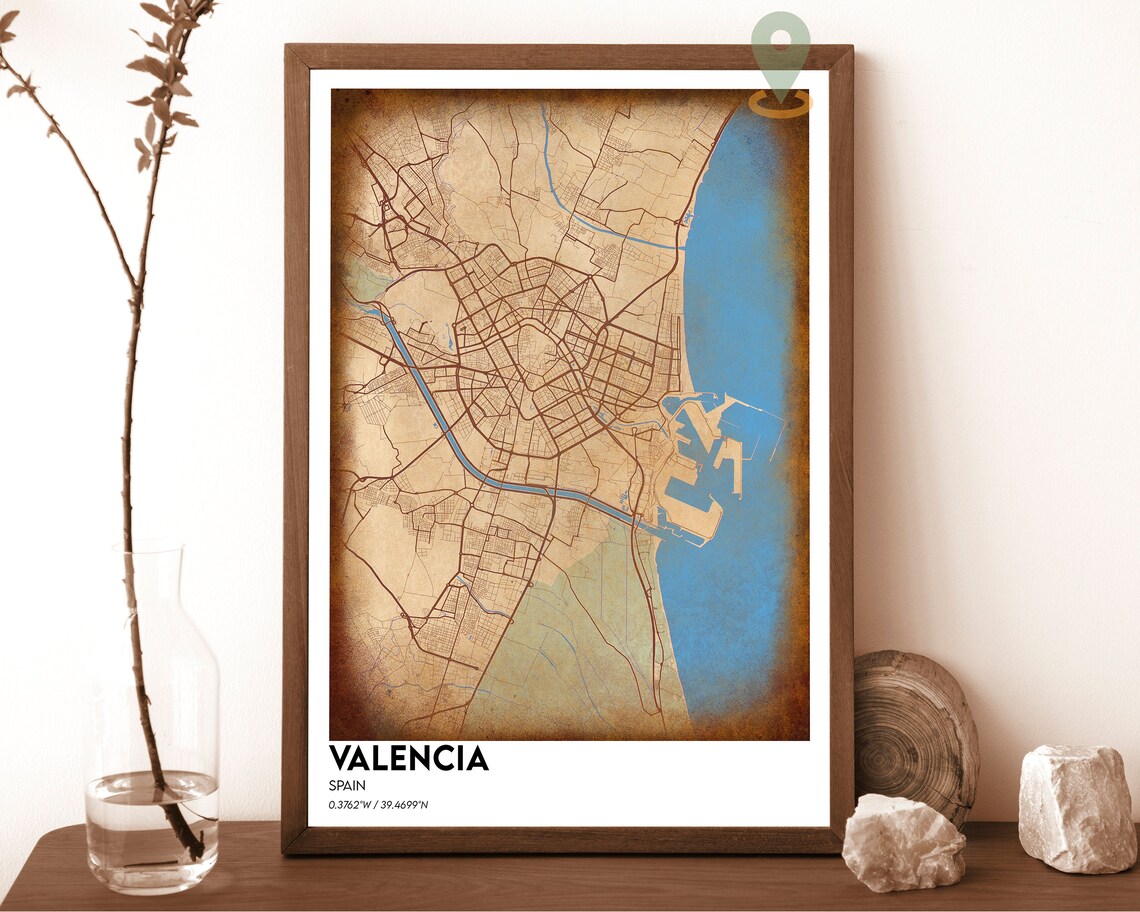 Valencia Spain Vintage Coastal City Street Map Cartography Poster